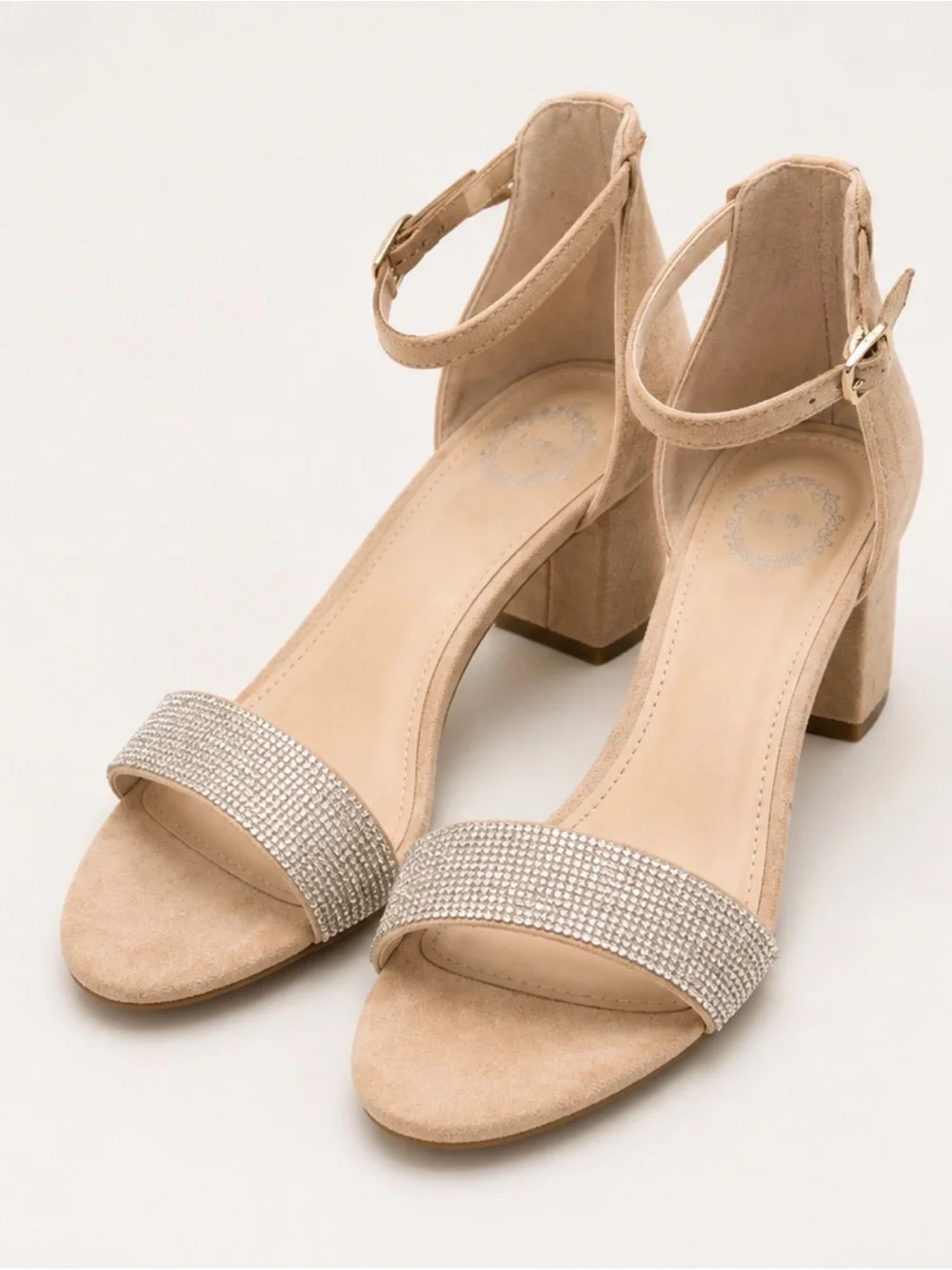 Minimalist Nude Block Heel Sandals with Crystal Strap